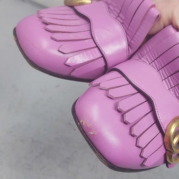 Gucci Marmont GG Candy Mousse Pink Smooth Leather Fringe Pump - Picture 11 of 12